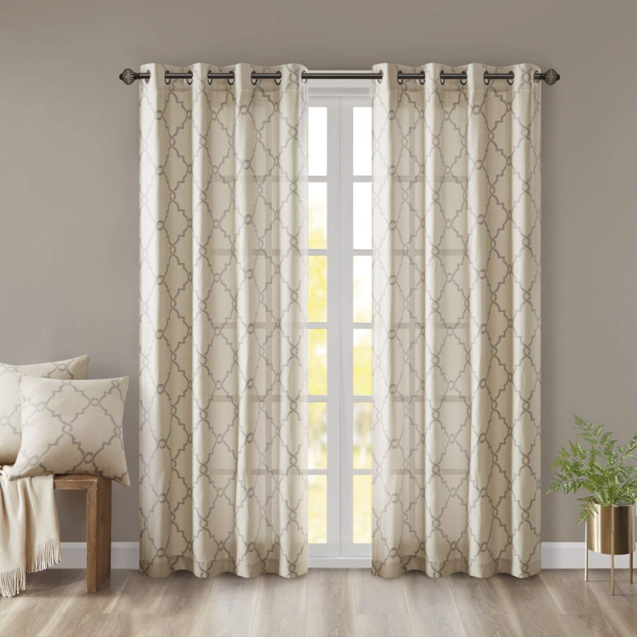 Madison Park Saratoga Basketweave Beige Ground Soft Grey Fretwork Print Window Curtain, 50x63, Silver Grommet Top